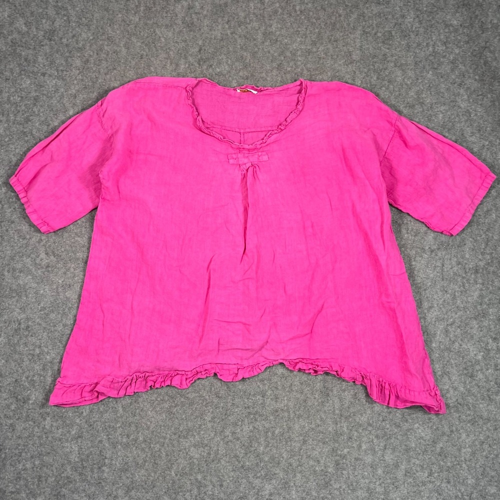 TLL Made in Italy Hot Pink Short Sleeve Ruffled Linen Blouse Women's One Size‎